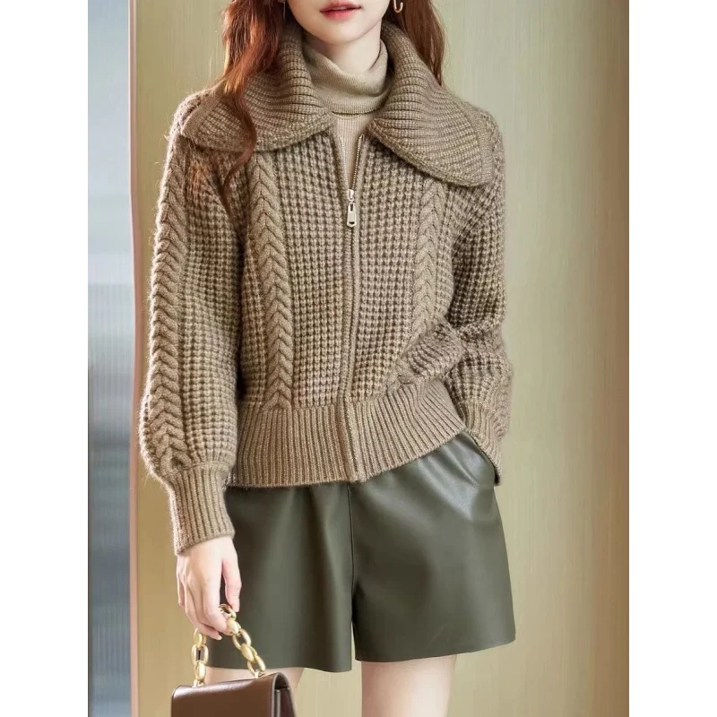 

Women's Autumn Winter Turn-Down Collar Zipper Sweater Cardigan Lady Casual Joker Solid Knit Jackets New Fashion Tops Female