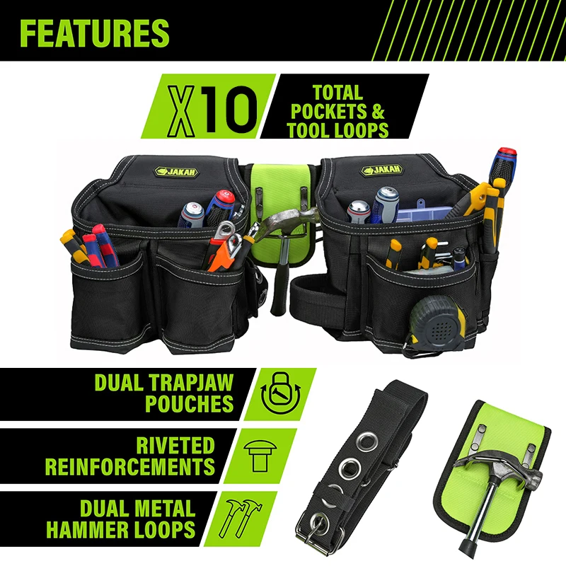 Jakah Heavy-Duty Tool Belt, 10-Pocket Electrician Tool Pouch Organizer, Tool Bag with Adjustable Waist Strap, Hammer Holder