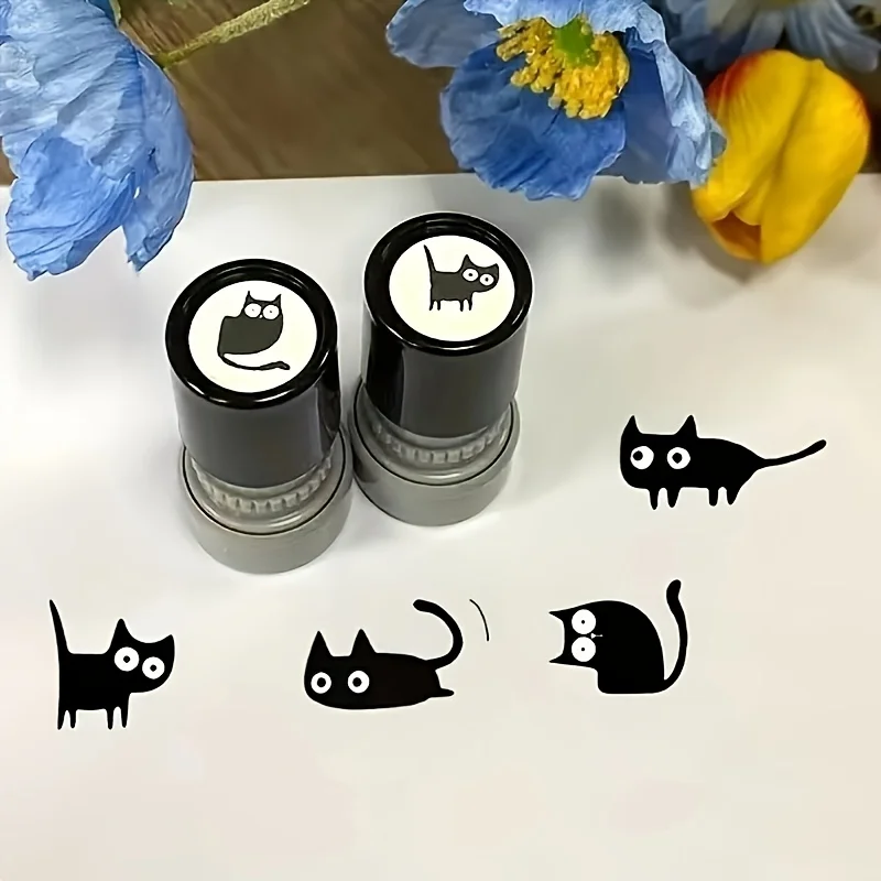 4pcs Cute Cat Stamps - Black Cartoon Kitten Design with White Ears & Gray Socks, Durable Plastic for Crafts,Journal Decoration