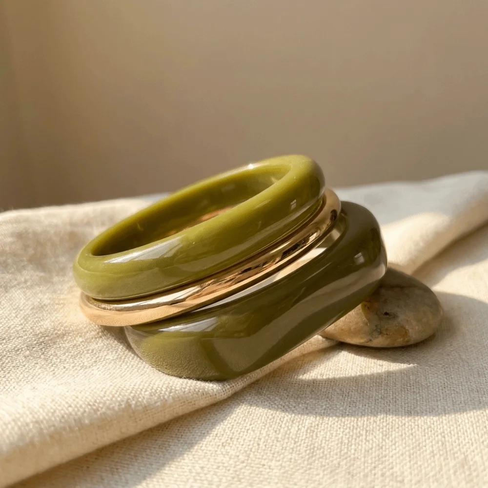 3pcs/set Light Luxury Alloy Resin Twisted Bracelet Round Olive Green Stackable Wrist Jewelry Minimalist Irregular Bracelet Women