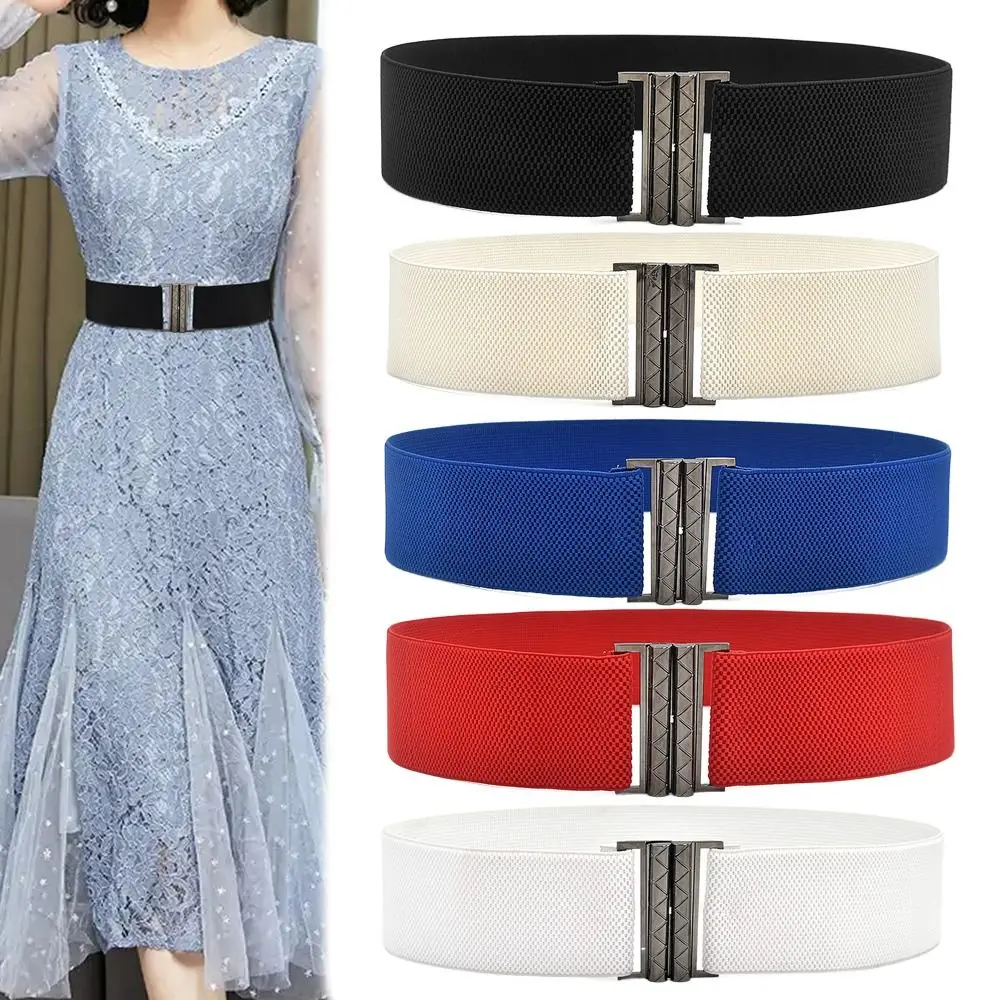 Metal Buckle Women Elastic Band Waist Defining Comfortable Elastic Wide Belts Solid Color Stretch Waistband Ladies Female