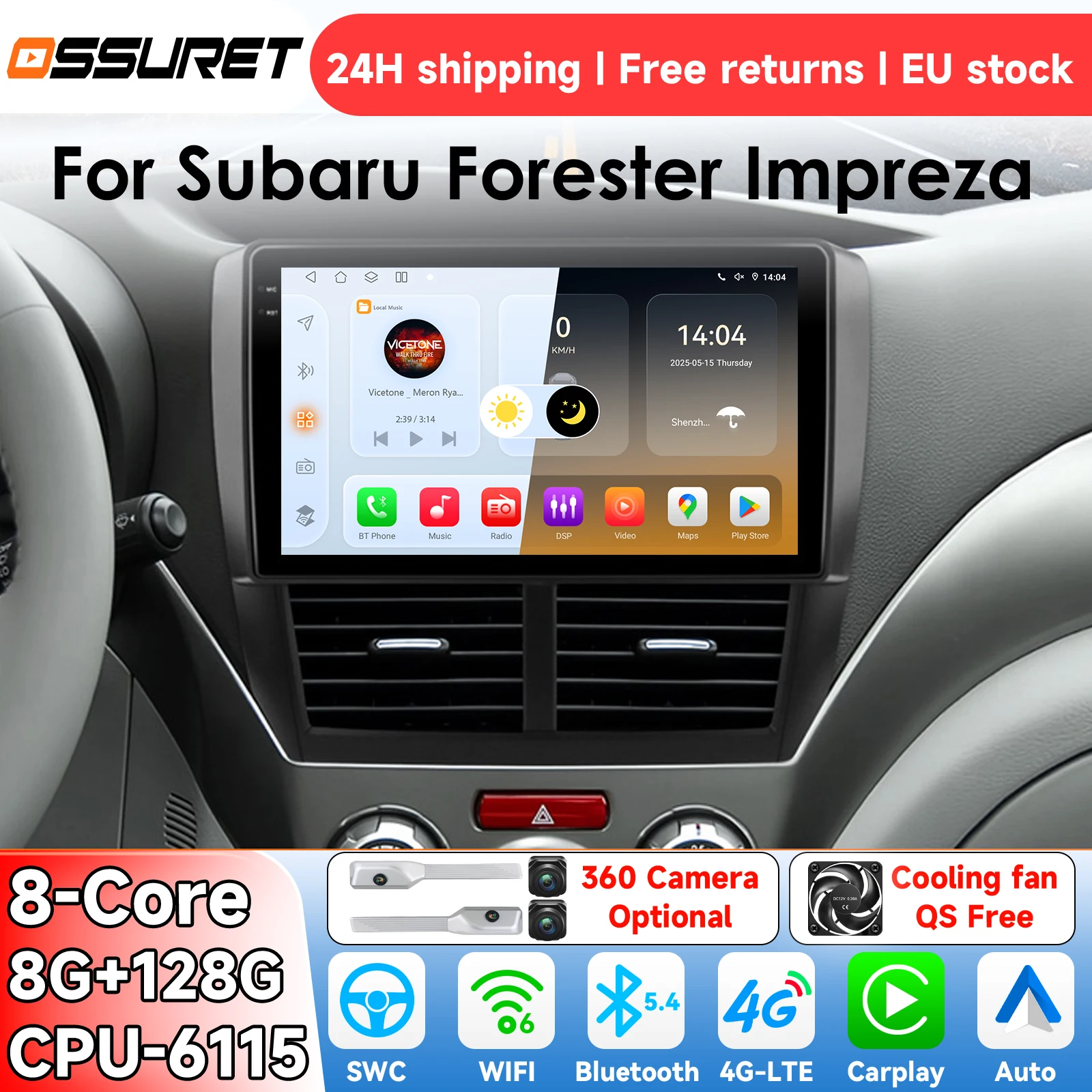 OSSURET AI – radio samochodowe z systemem Android 14, przeznaczone do modeli Subaru Forester i Impreza (roczniki 2008–2014). Inteligentny system, obsługujący Carplay, automatyczne odtwarzanie
