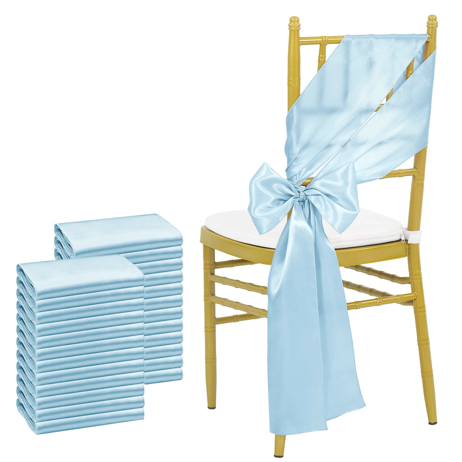 

24PCS 17x275cm Sky Blue Satin Chair Sashes Bows Chair Cover Ribbons for Wedding Banquet Party Baby Shower Event Decorations