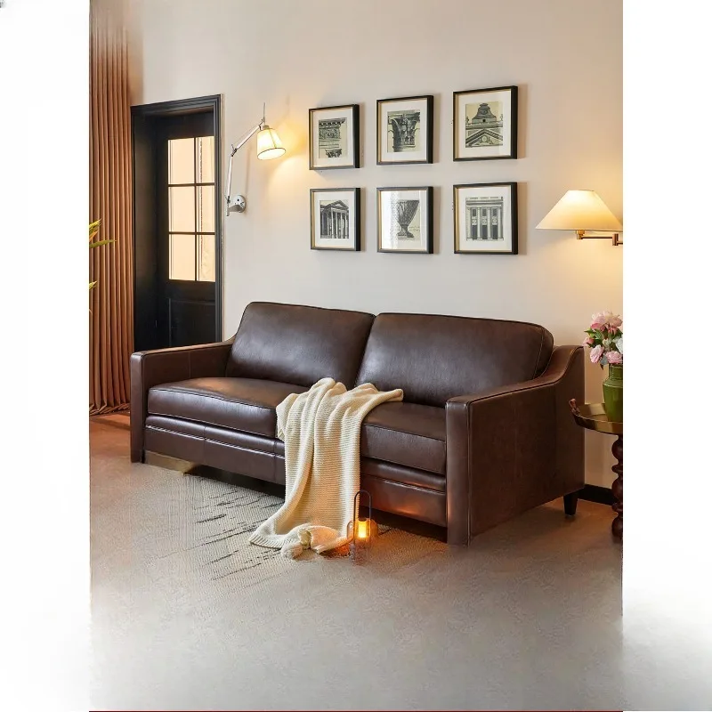 

Leather sofa first layer cowhide retro home living room solid wood straight row