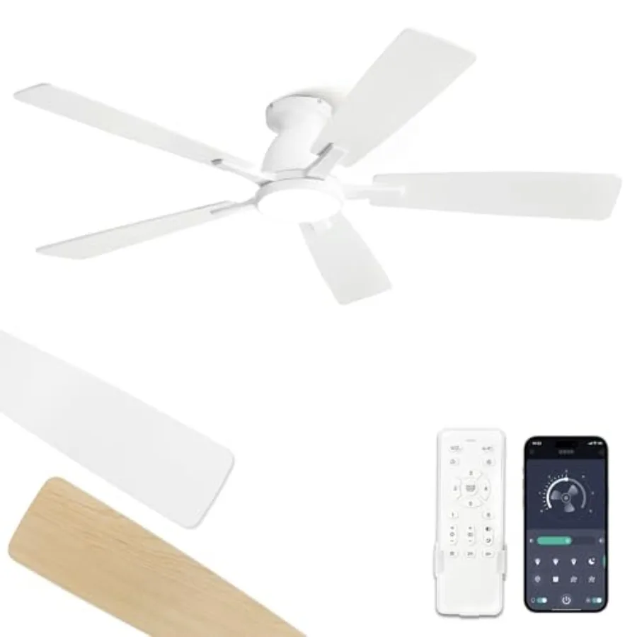 

Ceiling Fans with Lights Smart Flush Mount Ceiling Fan and Remote APP Modern Low Profile 3CCT 20W LED with 6-Speeds Quiet Rever