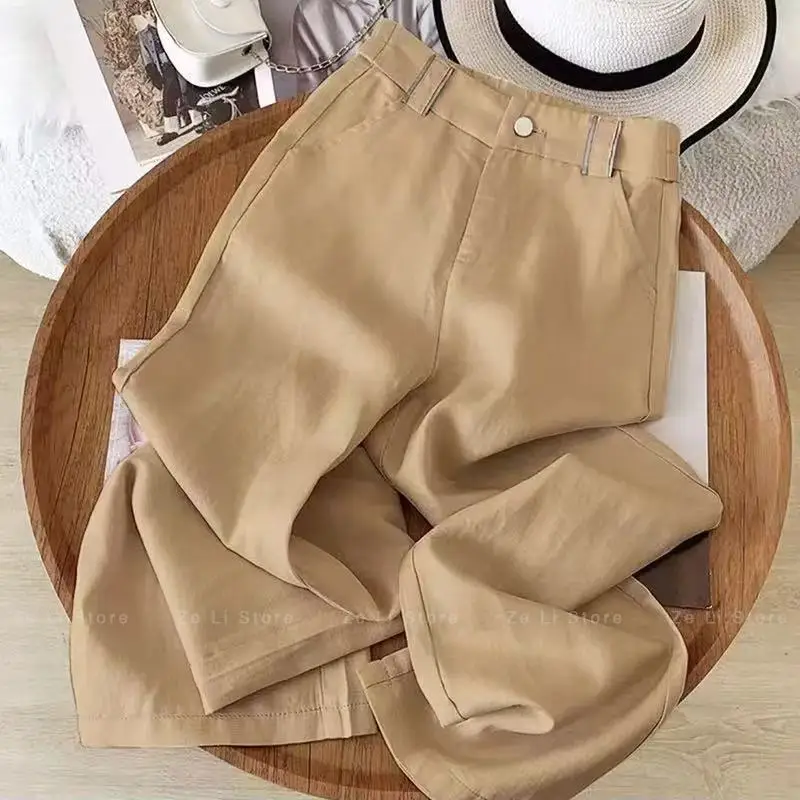 Linen Casual Straight-leg Pants Women's Summer New Arrival Elastic High Waist Drapey Lightweight Cropped Trousers