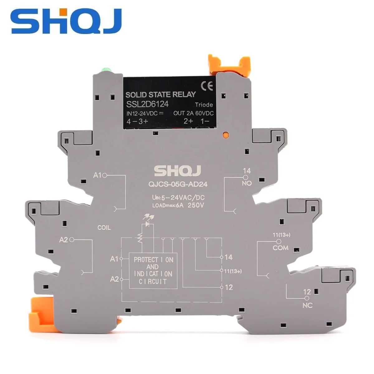 SHQJ DIN Rail Mount Interface SSR Slim Relay, QJCS-05G-AD24 SSR IN 12-24V DC Coil, 2A 6A SPNO DC control DC DC control AC