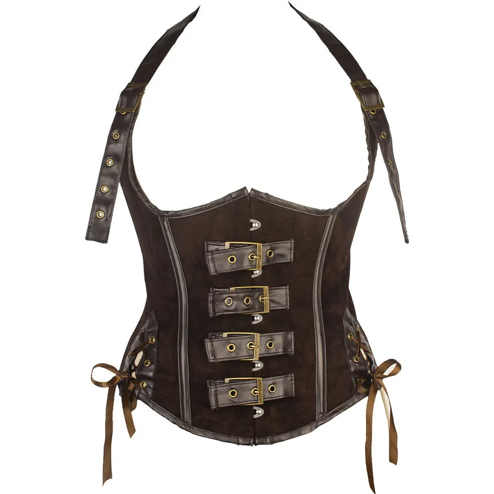 مشدات المحكمة الأوروبية والأمريكية، أشرطة كتف نسائية معلقة على الرقبة من جلد البولي يوريثان، ختم الخصر على شكل عظمة فولاذية، كور الخصر