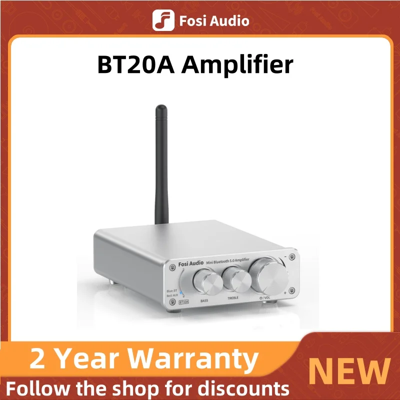 Fosi Audio BT10A Bluetooth 5.0 Stereo Amplifier Receiver Class D Mini HiFi Integrated Amp for Home Speakers 50W*2 Treble & Bass