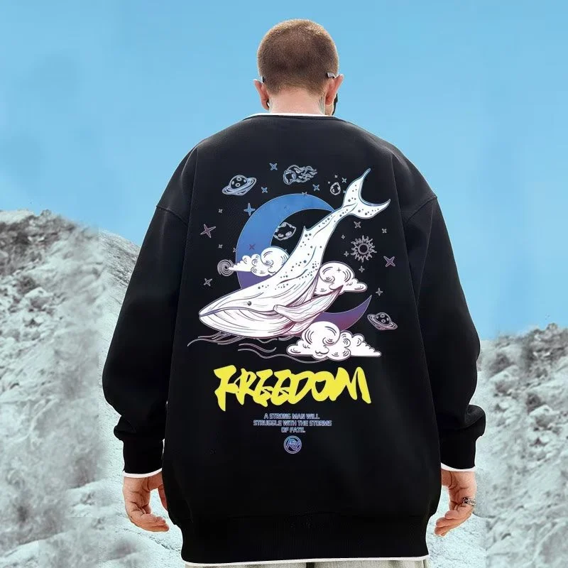 

Cartoon Freedom Whale Graphic Sweatshirts For Men Fake Two Clothes Funny Hip Hop Hoodies Autumn Couple Harajuku Streetwear Sweat