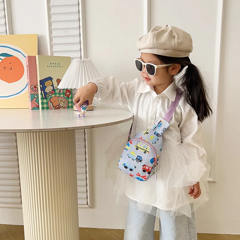 Cute graffiti car children's chest bag, snack storage, Kawaii waterproof polyester girl single-shoulder crossbody backpack