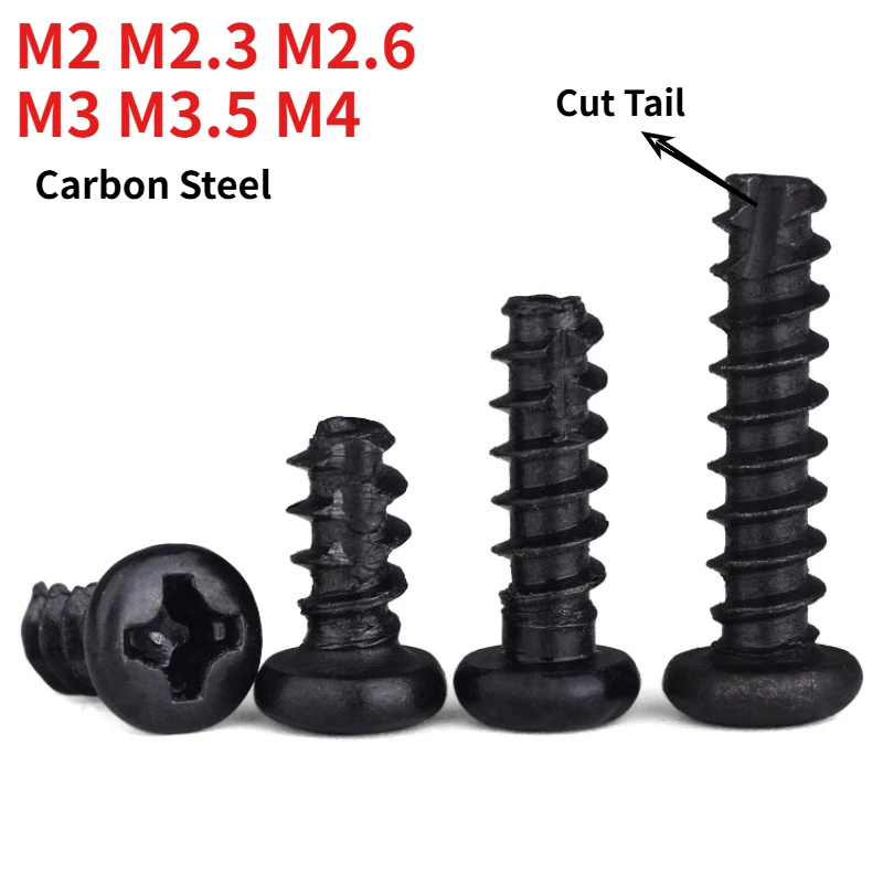 M2 M2.3 M2.6 M3 M3.5 M4 Black Phillips Pan Head Thread Cutting Self Tapping Screws Round Head Cut Tail Self-tapping Fasteners