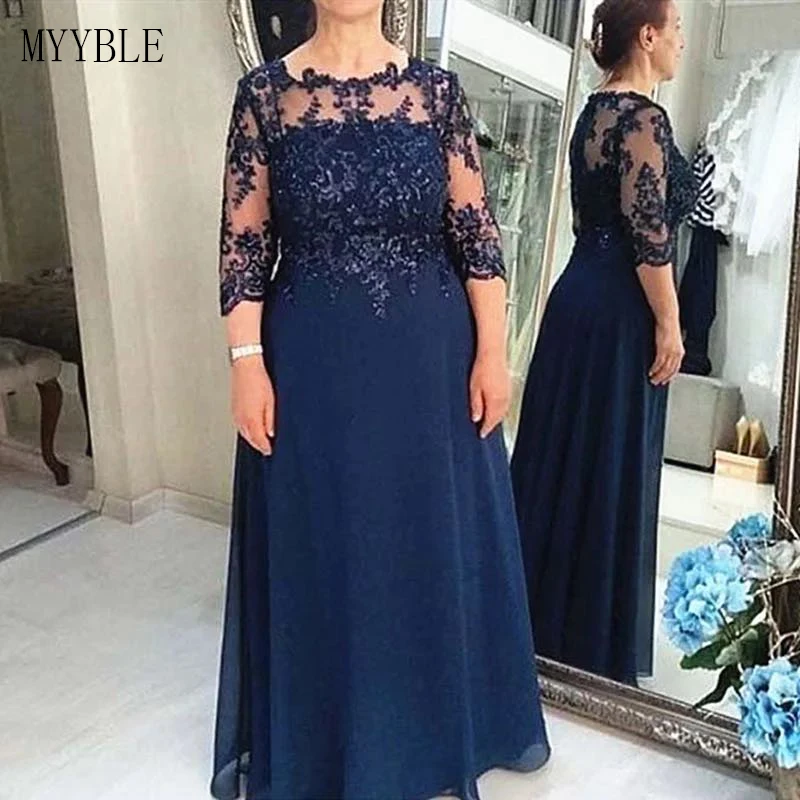 Biru Navy Ibu Elegan Gaun Pengantin Sifon Ukuran Plus 3/4 Lengan Appliques Gaun Ibu Pengantin Pria Panjang untuk Pesta Pernikahan