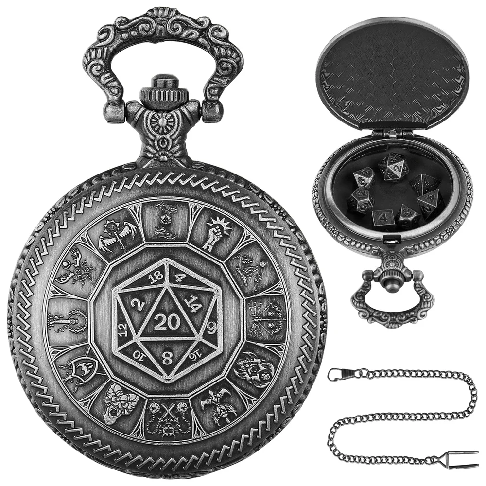 Punk Retro Grey Black/Bronze Polygon Dice Pattern Pocket Watch Case with 7pcs/Set Mini Dices Novel Small Dice Storage Cases