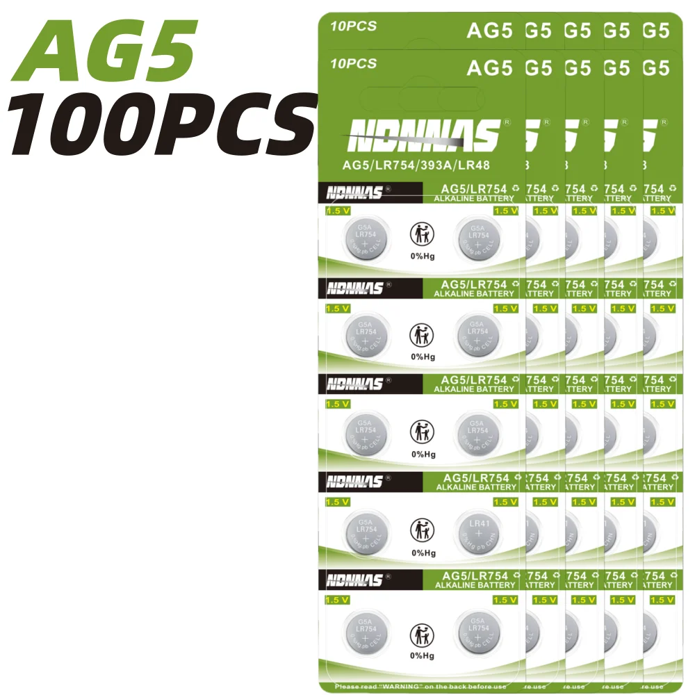 

100Pcs AG5 LR754 SR754SW 1.5V Alkaline Button Coin Cell Battery Compatible For Watch Key Fob Remote Clock Mini Electronic Device