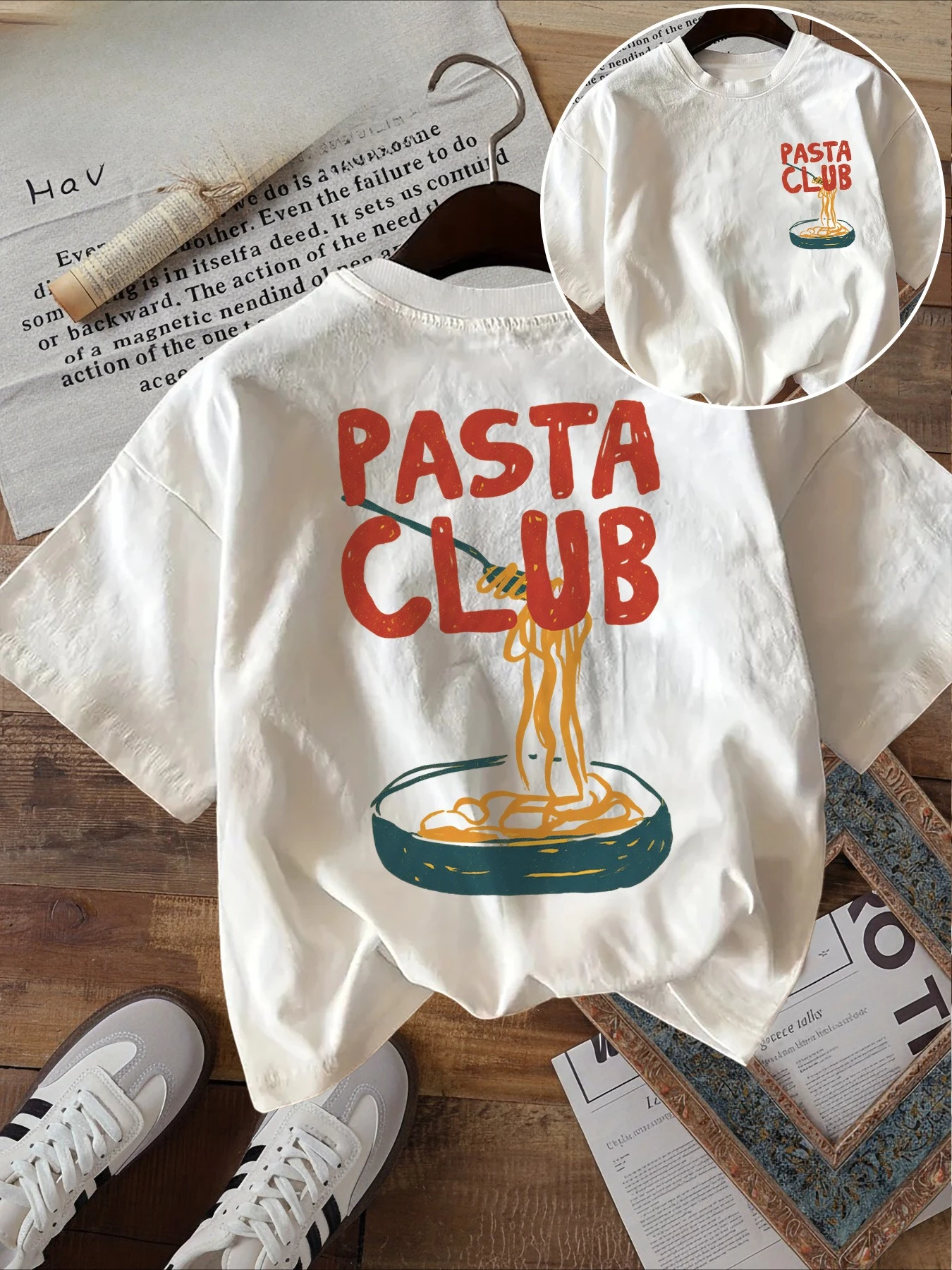 Double-sided Print Summer Women's Casual Top Hand-painted Style Pasta and Fork PASTA CLUB Print Round Neck Pure Short-sleeved