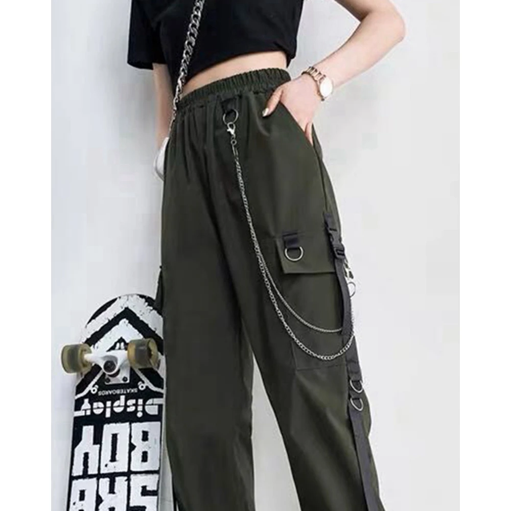 Korean Style Women Fashion Multi-pocket Design High Waist Cargo Pants Femme Punk Style Chain Buckle Cuffed Pants Streetwear y2k