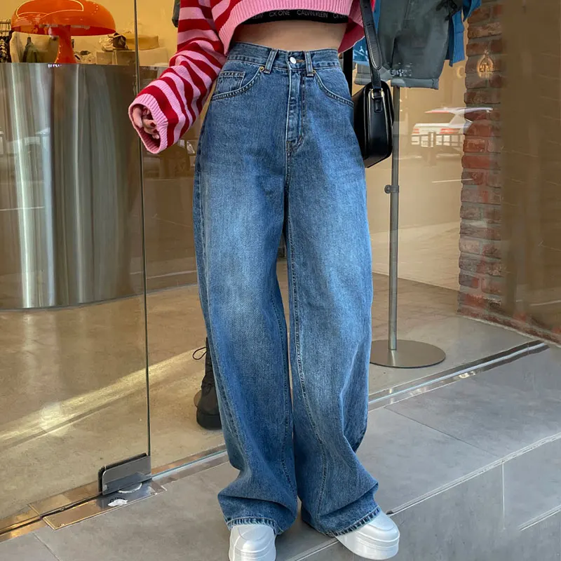 レトロハイウエストストレートワイドレッグジーンズ レディース ロングパンツ 秋冬 シック 多機能 ワンボタン ウォッシュドデニム スキニー