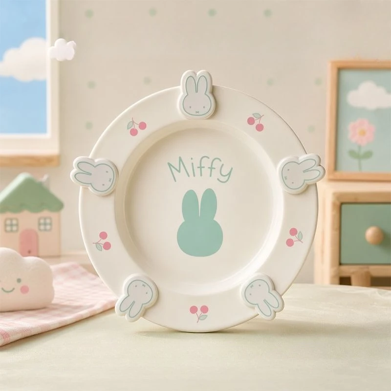 Assiette à salade en céramique Miffy, motif lapin en relief et cerises, bord lisse, facile à nettoyer, vaisselle pour la maison, les fêtes et le quotidien