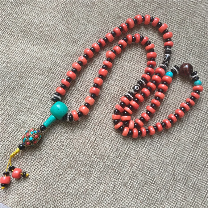 Tibetan- coral cylindrical wheel barrel bead and bracelet, vintage ethnic style necklace