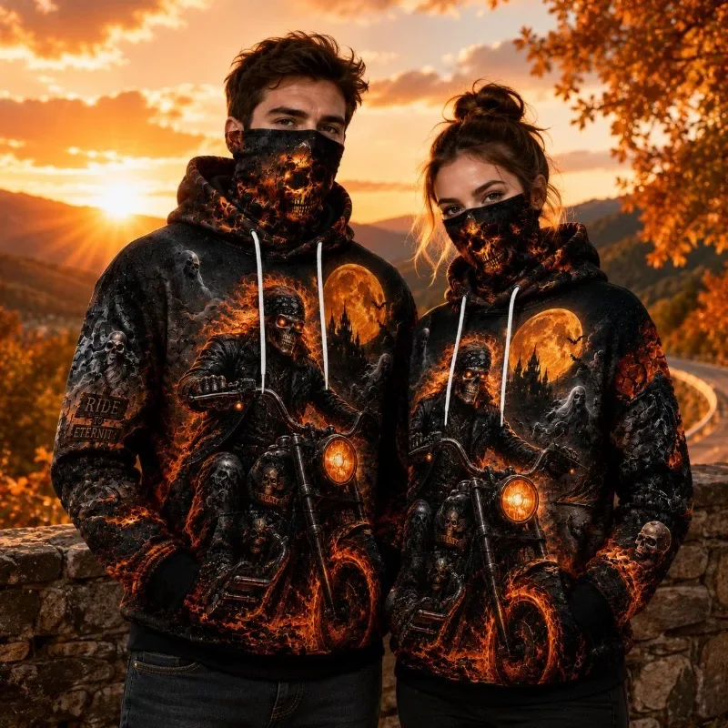 Motorcycle Skeleton Mask Hoodie Skull Biker Halloween Hoodie Gothic All Over Print Sweatshirt Spooky Biker Gift for Men Women