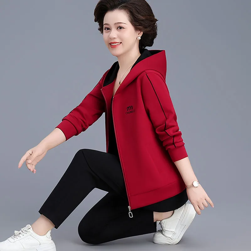 

Casual Loose Autumn Jaet Pure Color Hoodie Sportswear for Middle-Aged Women Open Cardigan Comfortable Breathable Faionable