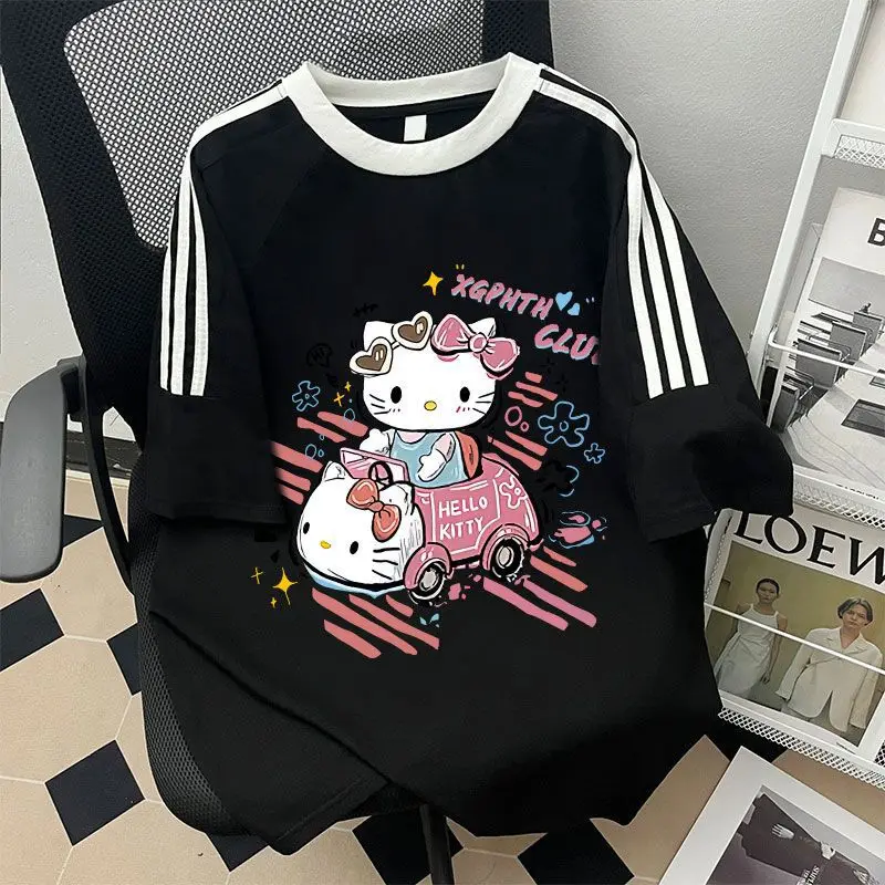 2024 Hello Kitty Sanrio T-shirt Kawaii Cartoon Print Cotton Tops O-neck Oversized Shirts Streetwear Splicing Top Women Clothing