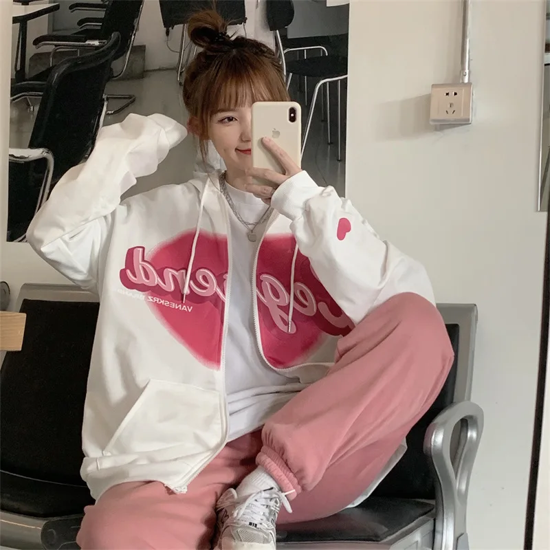 2025 가을 신상 가디건 긴팔 후드 스웨트셔츠 여성용 얇은 디자인 하트 레터 프린트 루즈핏 탑 여성 의류