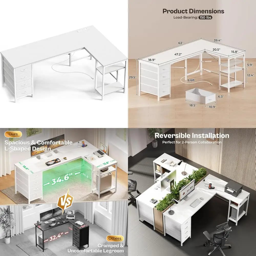 

63 Large L-Shaped Fabric Drawer Gaming Desk with Reversible Surface, Power Outlets, and USB-C Port