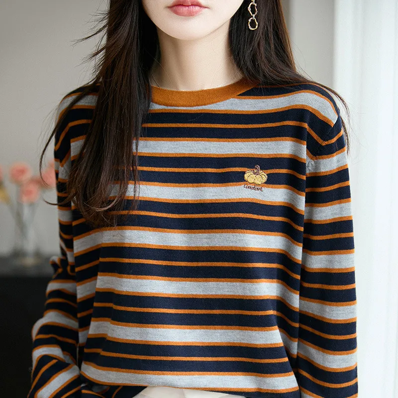 Women Color Block Striped Knit Cardigan Round Neck Loose Pumpkin Embroidery Long Sleeve Wool Top