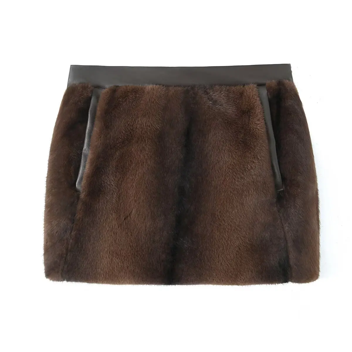 KONDALA Chic Brown Sexy Elegant Faux Fur Pockets Luxurious Mujer Skirt Fashion 2025 Winter Night Party Club Women Mini Skirt