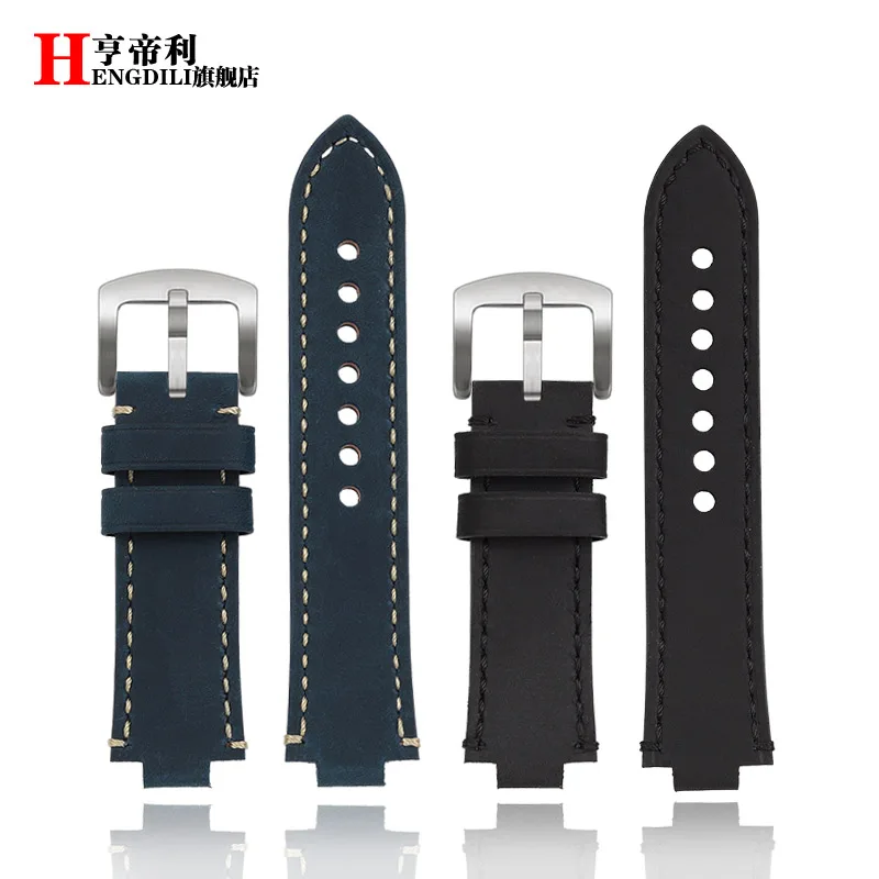 سوار ساعة من جلد البقر الأصلي للرجال ، محدب لـ ORIS AQUIS ، أربطة معصم عتيقة ، بني وأزرق ، من من 24x12mm