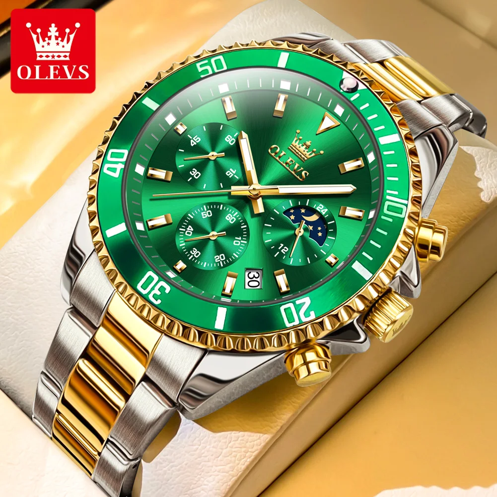 

OLEVS Green Water Ghost Multifunctional Quartz Mens Stainless Steel Waterproof Watches Luxury Gold Plated Case Relogio Masculino