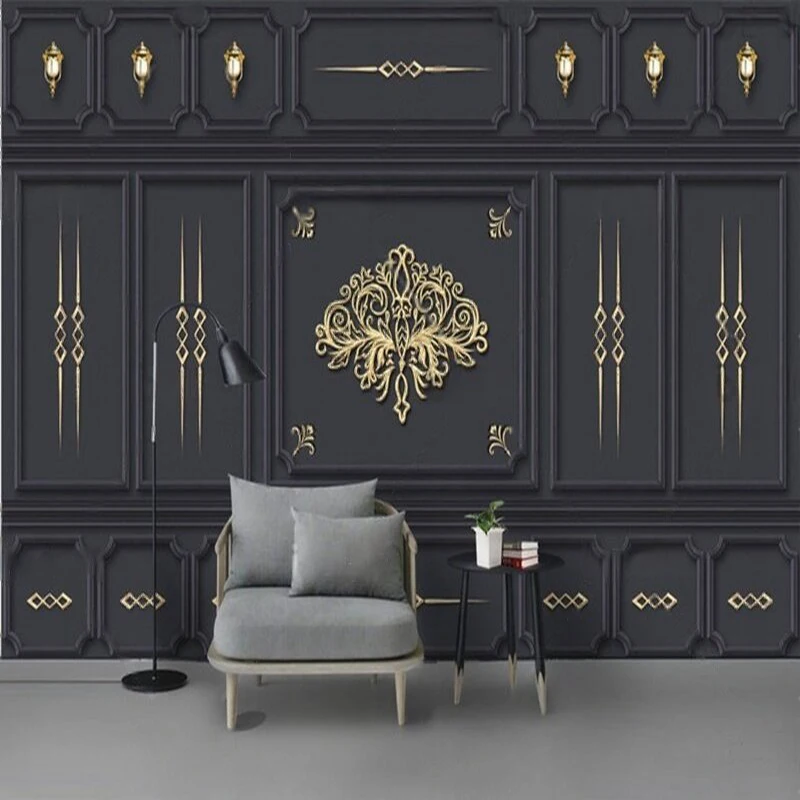 Modern simple and elegant black and gold European-style patterned plaster line TV luxurious home decoration background wall