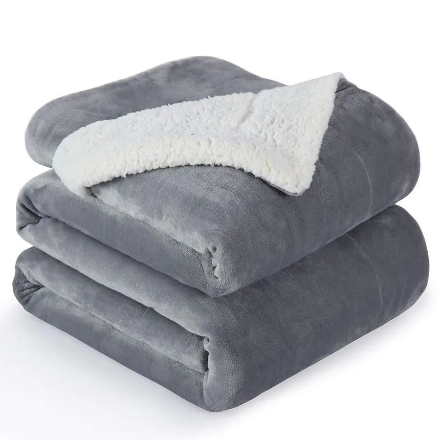 

Flannel Blanket Reversible Sherpa Throw Blanket Super Soft Plush Warm Fleece Microfiber 90x90,Light Gray Queen