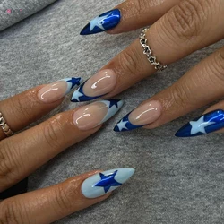 24pcs/set Almond Pink False Nail Blue Stars Design Fake Fingernails Wearable Artificial Acrylic Full Cover Press On Nail Tips