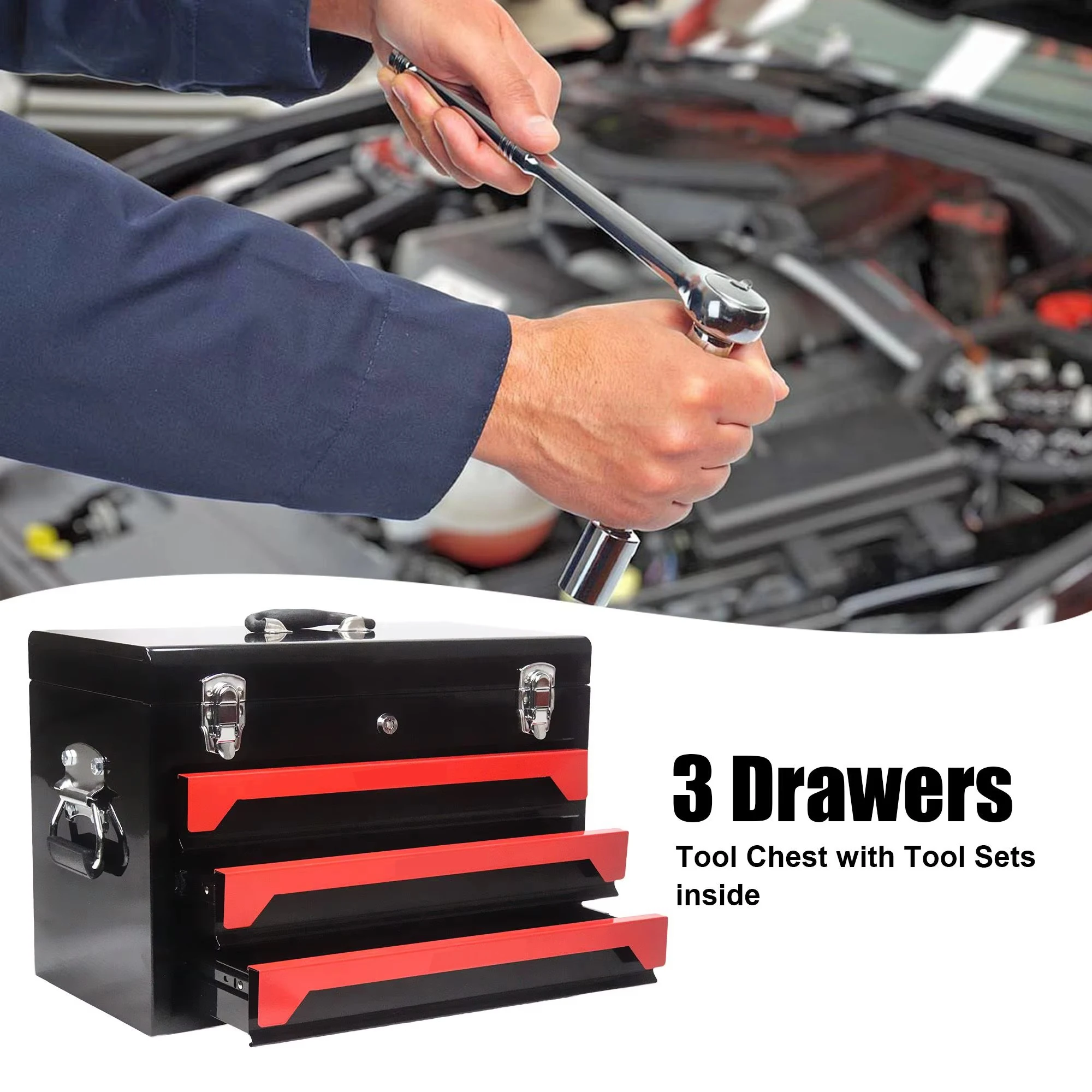 Portable 3-Drawer 4-Layers Steel Toolbox 20'' Multi-Function Tool Storage Latches Carrying Handle OEM Customizable Tool Sets