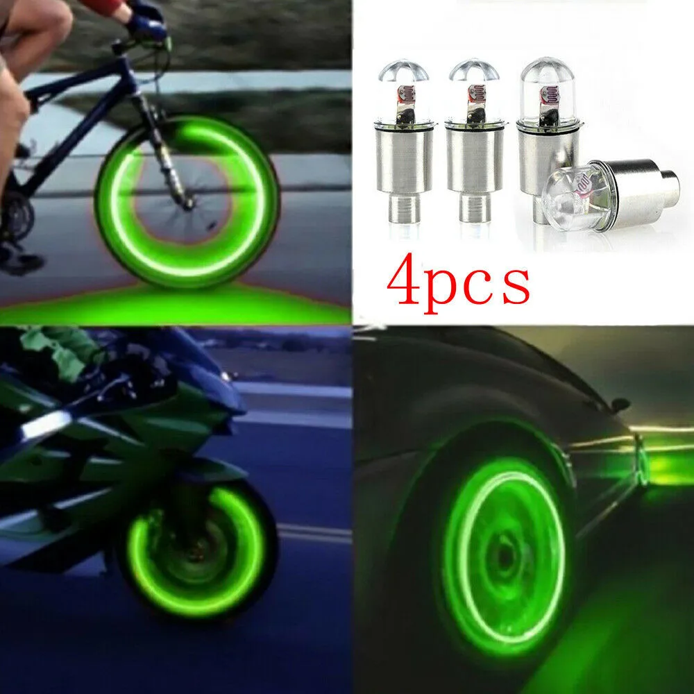 4pcs Green LED Wheel Lights Car Tire Valve Cap Neon Light Bulb Universal Car Motorcycle Bicycle Valve Cover Auto Exterior