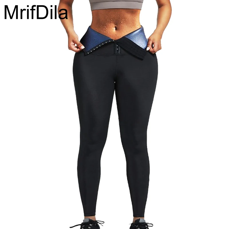 

MrifDila Buckle Closure Sauna Pants Women's High Waist Weight Loss Fat Burning Legging Breathable Stretchy Hot Sweat Body Shaper