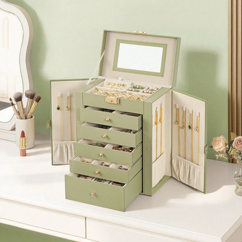 6 Tier Jewelry Box with Mirror & Lock, Large Capacity Jewelry Organizer with 5 Drawers, Storage Case for Rings, Necklaces, Earrings, Bracelets & Watches, Gift for Women