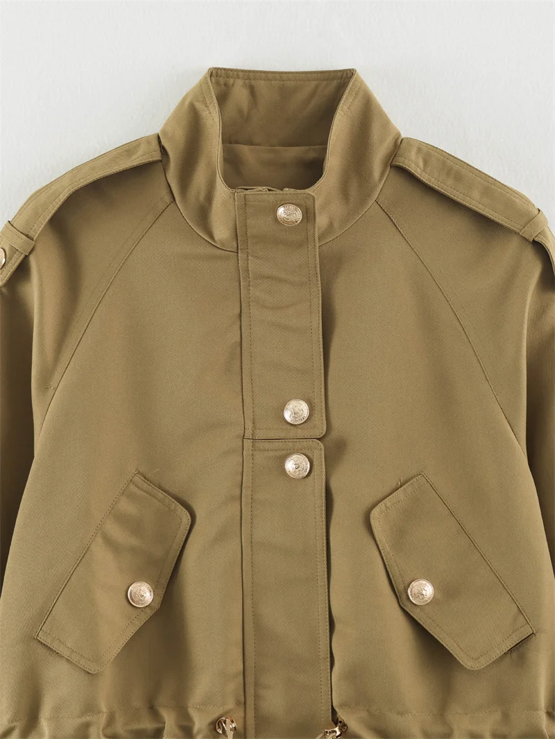 Guobioziy 2026 Fall Women Short Utility Outerwear Stand Collar Multi Pocket Snap Closure Drawstring Waist Trendy Street Jacket