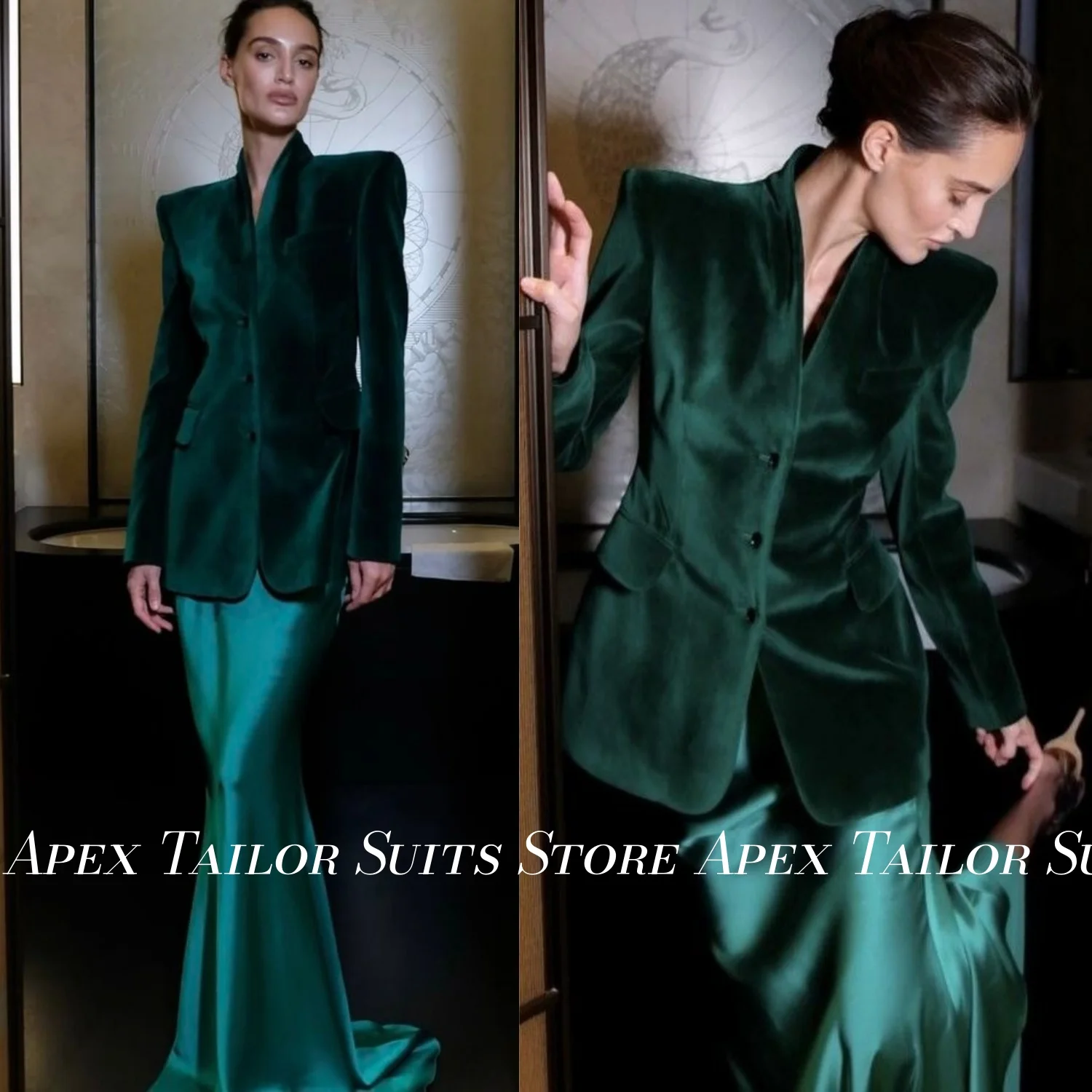 Luxury Ladies Dark Green Velvet 2 Pieces Suit Stand Collar Blazer Mermaid Satin Skirt Women Banquet Prom Party Dinner Suit Set