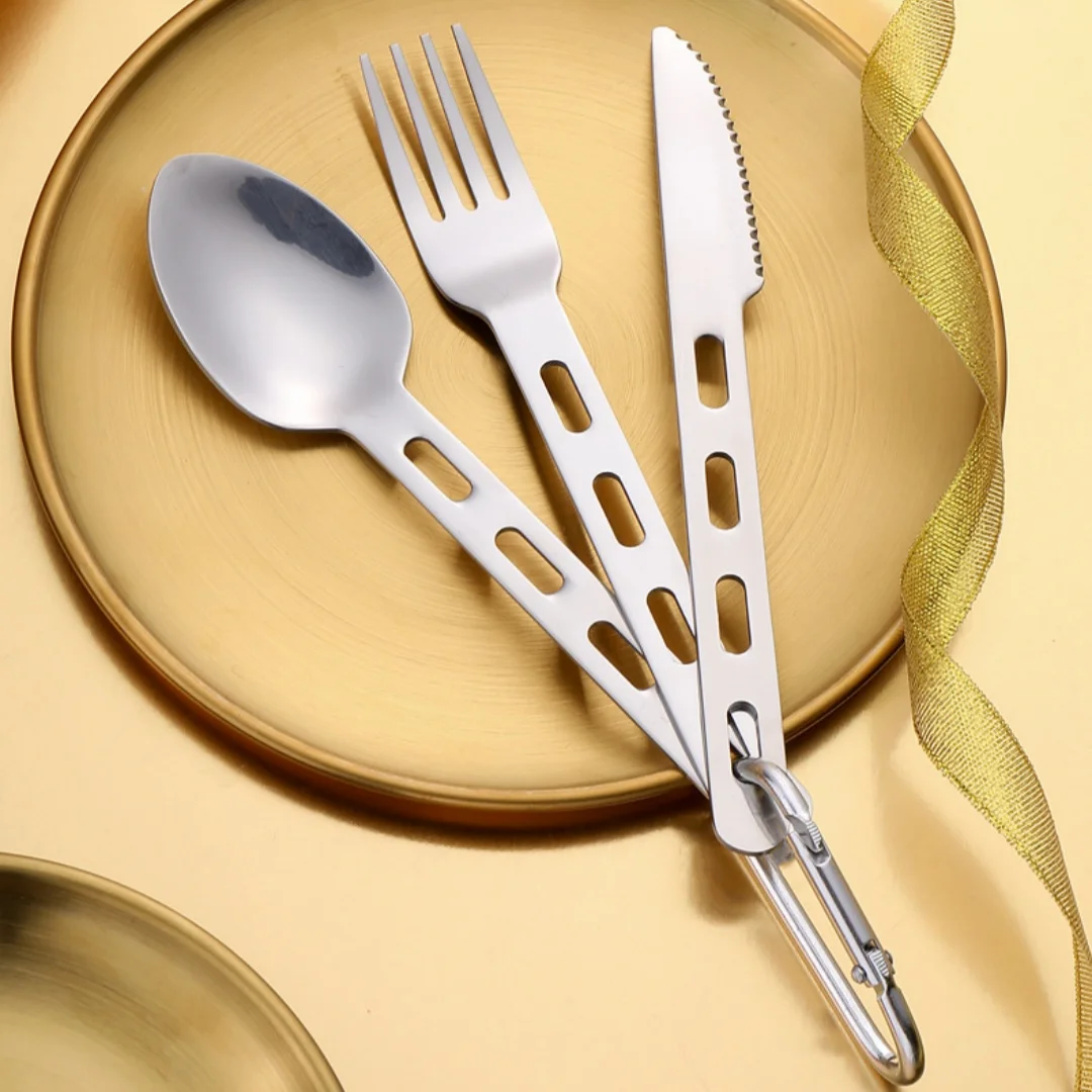 

Tableware Set Outdoor Household Frosted Knife and Fork Spoon Travel Camping Portable Cutlery Set with Carabiner Drawstring Bag