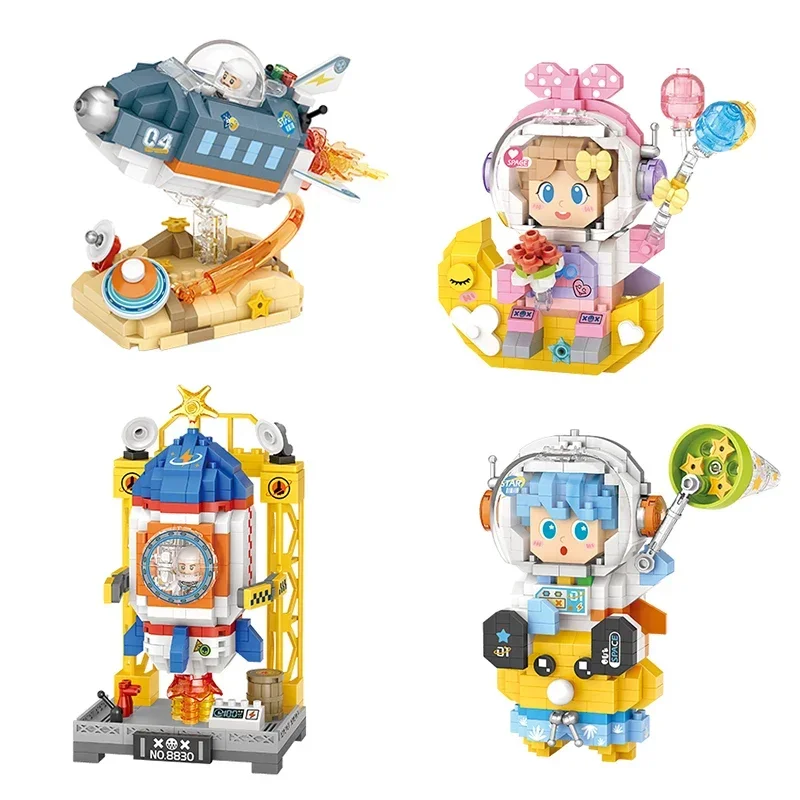 

Cartoon Doll Astronaut Spaceship Rocket Model Assembled Ornaments Children's Educational Toys Bricks Boys and Girls Gifts