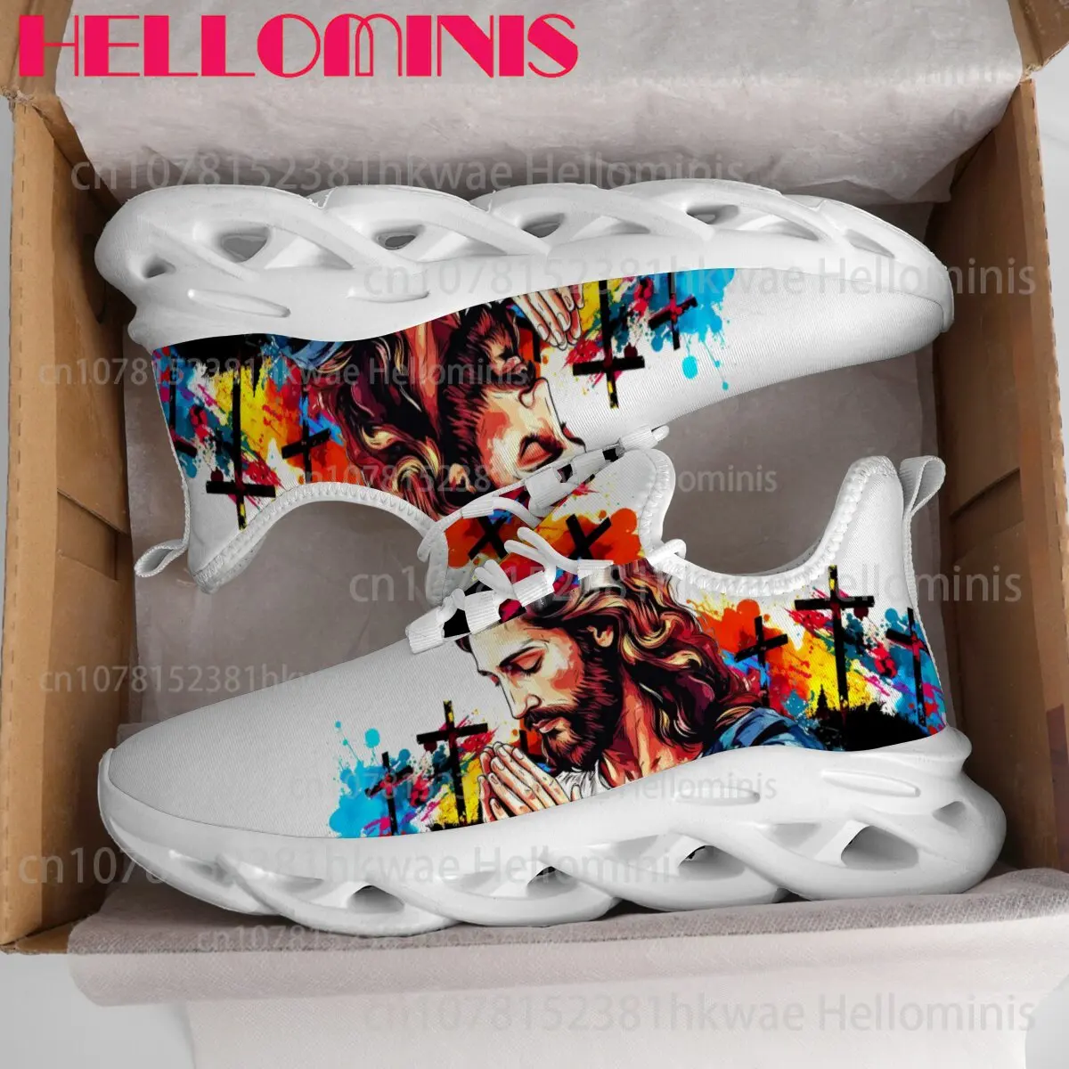 Splash Art Praying Jesus Cross Print Twist Sole Sneakers Adult Breathable Mesh Casual Shoes Black White Religious Daily Footwear