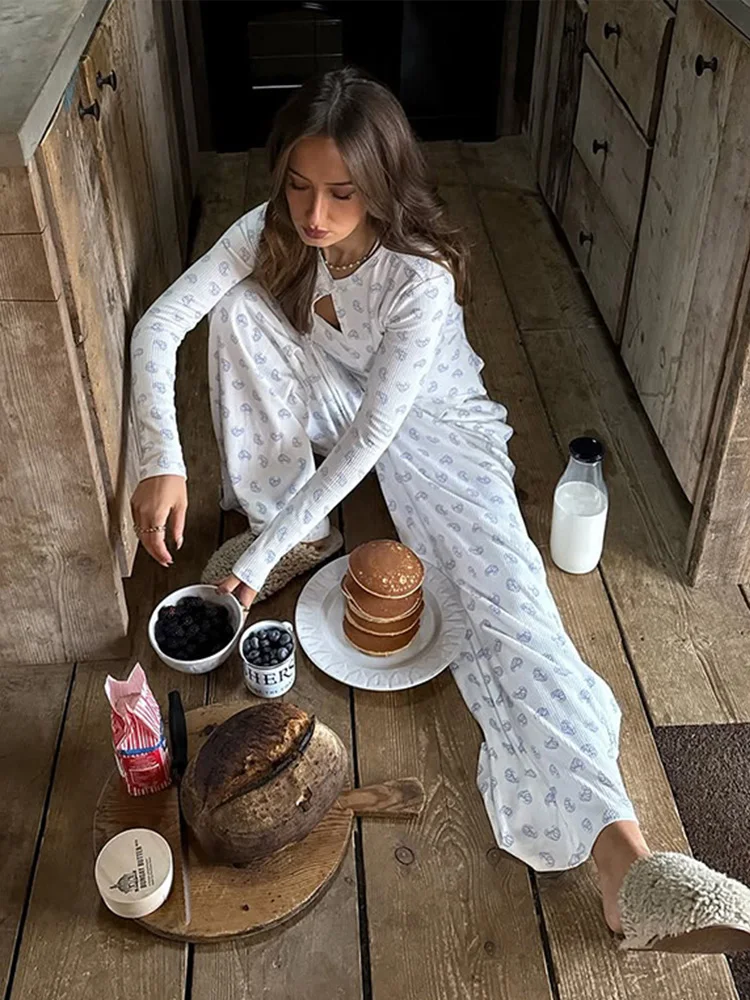 3 Pieces Pajama Sets Women Printed Spaghetti Strap Top Long Sleeve Cardigan Elastic Wide Leg Pants Sleepwear Nightwear Homewear 