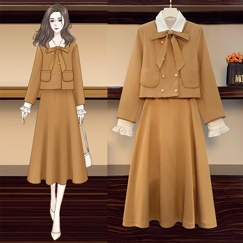 Insozkdg French Women Autumn 3 Pieces Set Elegant Long Sleeve Blazer Bow Top Casual A-line Long Skirt Autumn Solid Lady Clothes