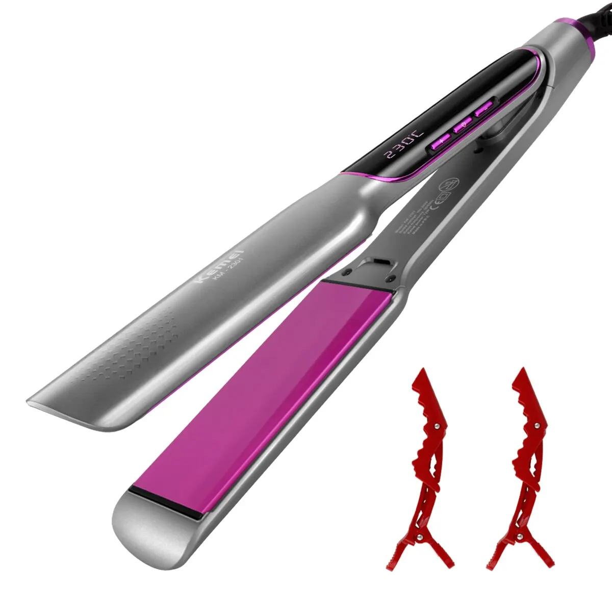 جهاز فرد شعر من الحديد المسطح من KEMEI مع شاشة LCD ، جهد مزدوج ، تسخين أطباق سيراميك عائمة بسرعة