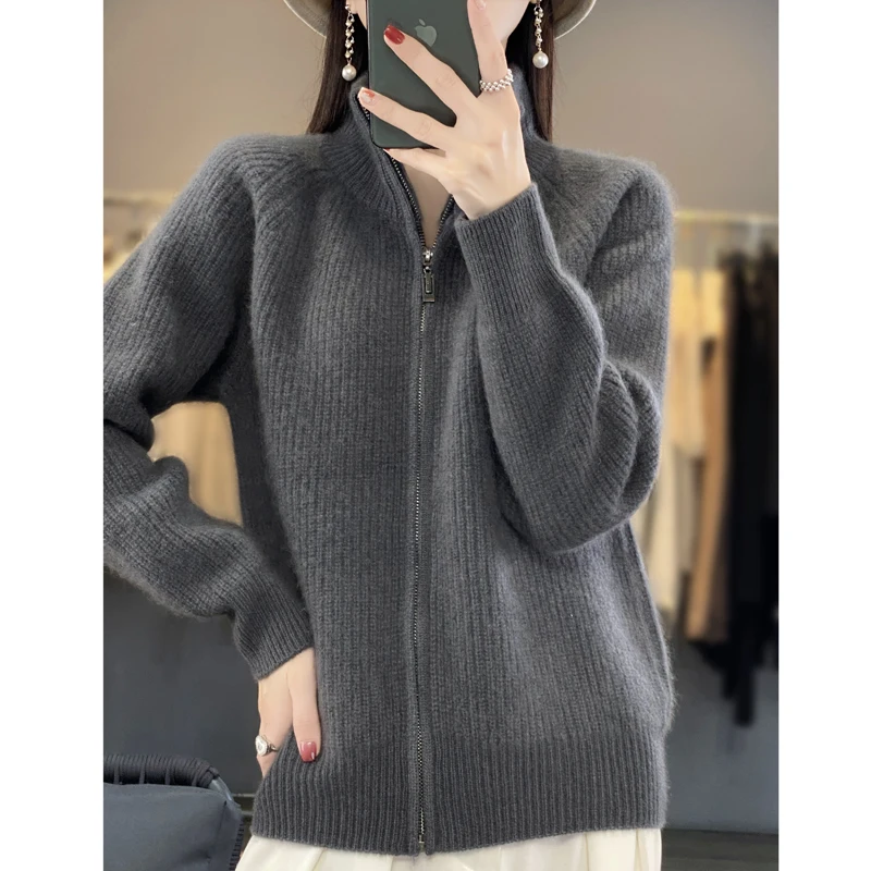 Women\'s 100% Merino Wool Knitting Sweater Turtleneck Zipper Cardigan Autumn/Winter Casual Loose Top Thickening Cashmere Jacket