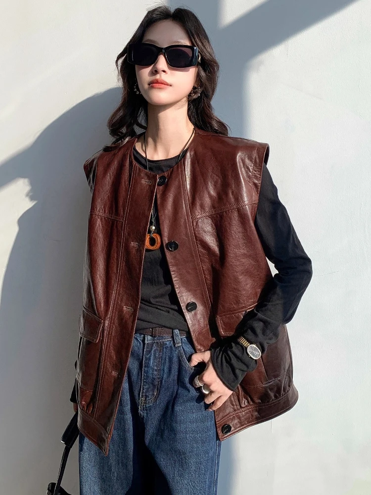 Gilet senza maniche in vera pelle per donna Primavera Autunno 2025 Nuovo cappotto in vera pelle di pecora solida semplice di fascia alta con cera d'olio morbida